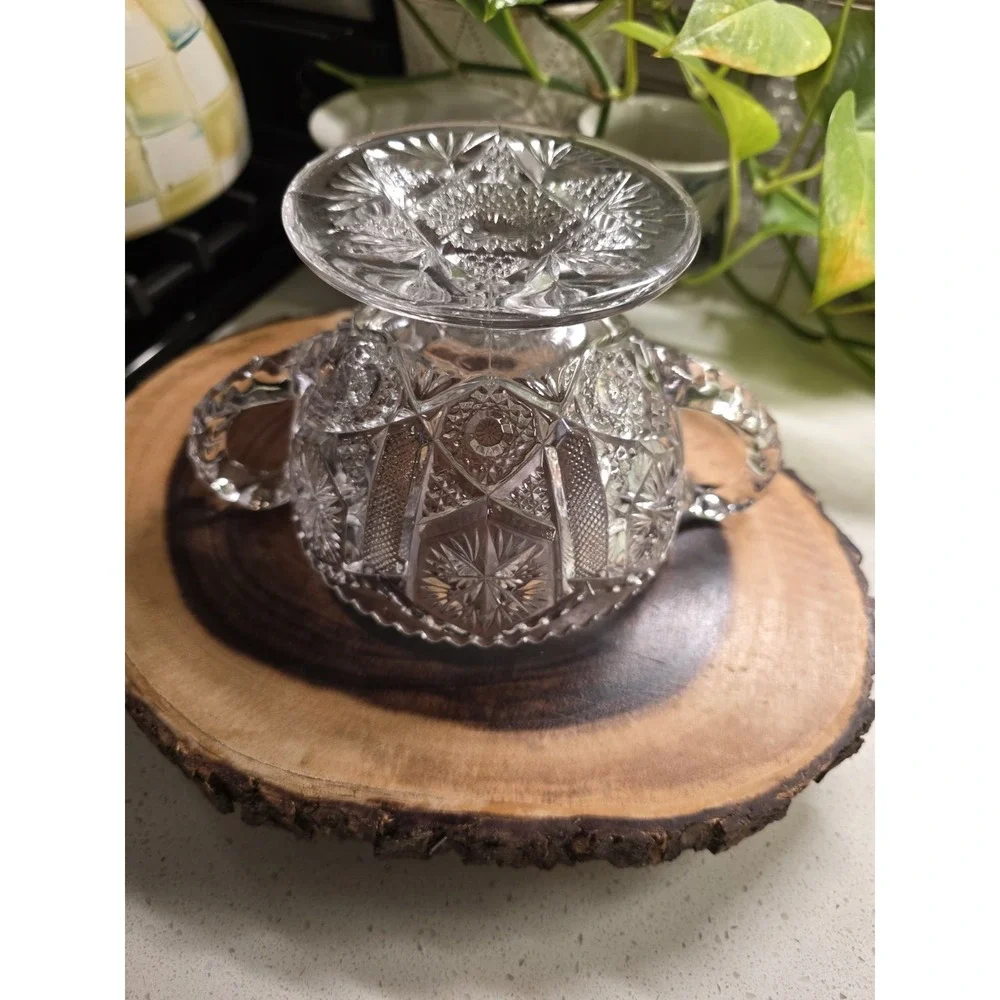 Vintage Pressed Glass‎ Pedestal Candy Dish Bowl Double Handle Cut Star Pattern